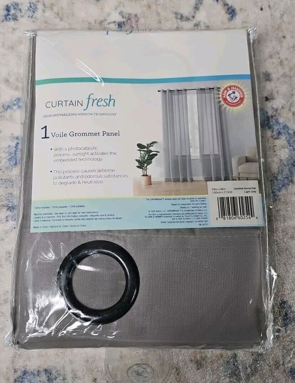 1 Fresh Arm & Hammer Grommet Voile Odor Neutralizing 59 x 84 Panel Grey